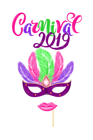 Vector hand drawn carnival mask with feathers and lettering Carnival 2019 for Brasil carnaval, Mardi Gras, Spain carnival festival concept for celebration poster, banner. Vector typography isolated.のイラスト素材