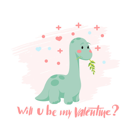 Valentine's day greeting card with flat style baby dino diplodocus brontosaurus, hand drawn typography Will u be my Valentine for holiday poster, romantic badge, celebration printing. February 14.のイラスト素材