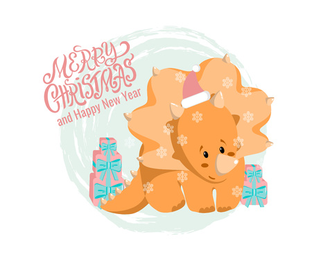 Vector Christmas and New Year greeting card with hand drawn lettering Merry Christmas, flat baby dino triceratops with gift boxes and textured background for holiday poster, dinosaur banner, printing.のイラスト素材