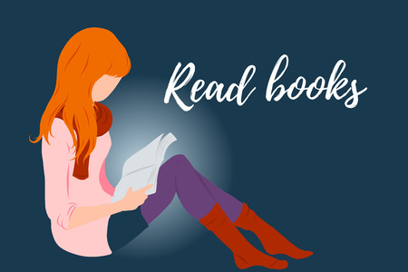 Red hair girl, lady reading a book flat style illustration for education, books shop, magazine promo, fashion poster, banner, library logo, icon, bibliophile post card. Isolated without background.のイラスト素材
