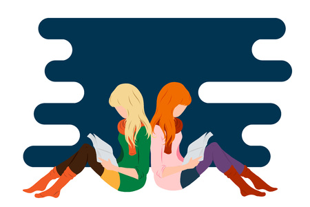 Two girls reading books flat style illustration for education, books shop, magazine promo, fashion poster, banner, library logo, icon, bibliophile post card. Isolated without background.のイラスト素材