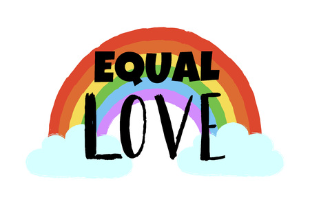 Hand drawn vector rainbow, cloud and text Equal love . Inspirational Gay Pride poster, Homosexuality emblem. LGBT rights concept. Tolerance in Valentines Day greeting card, sticker for messengerのイラスト素材