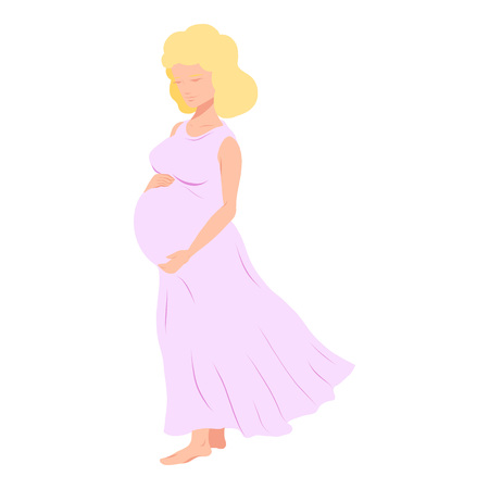 Vector line art pregnant woman isolated on white background. Female waiting for a child for babycare site, birthing center, maternity home, doula, mom health, future mother holding her belly in arms.のイラスト素材
