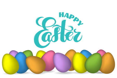 3D vector Easter eggs with hand drawn text Happy Easter for greeting card, holiday poster, banner, invitation Easter sales or promo, spring event. Holiday Pascha, Resurrection Sunday, brush letteringのイラスト素材