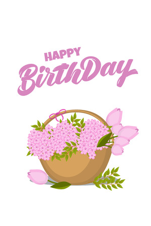 Vector hand drawn lettering Happy birthday with flat icon of basket with flowers for post card, poster, banner, logo. Modern typography. Isolated without background For birthday party invitationのイラスト素材