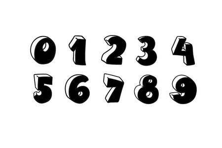 Vector hand drawn 3D line art numbers set. Signs as sketched art, ouline font. Latin alphabet numbers from 1 to 0. Isolated without background. Funny text for birthday party, creative numeric textのイラスト素材