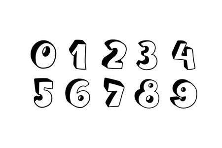 Vector hand drawn 3D line art numbers set. Signs as sketched art, ouline font. Latin alphabet...