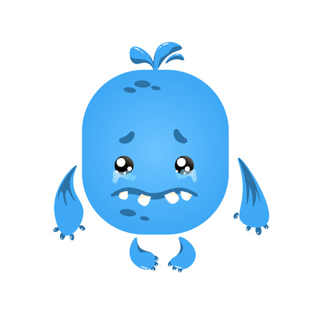 Vector blue monster with sad emotion - tears in eyes - for messenger, sticker, social media, animation, comic, newsletter, poster, banner, logo, icon, avatar. Cute cartoon character emoji emoticonのイラスト素材