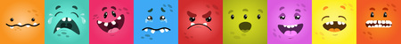 Vector funny square monster faces with different emotions, smiles, emoticon set for messenger, sticker, social media, animation, comic, newsletter, poster, banner, logo icon avatar For April 1のイラスト素材
