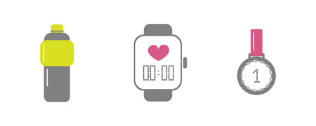 Vector set of running sport icons - bottle of isotonic or water, smart watch, medal of winner - for sport team, runner club, triathlon marathon for logo, icon, poster, banner, sport event promo.のイラスト素材