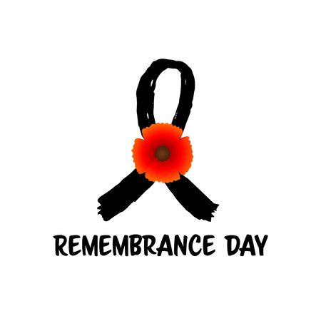 Remembrance Day November 11 typography with poppy flower as symbol of peace and sign of awareness black ribbon, text is for Memorial Day Armistice Day anniversary celebration in British Commonwealthのイラスト素材