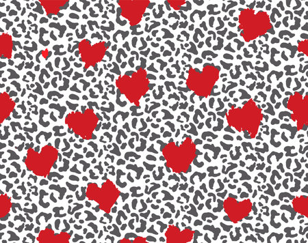 Leopard or jaguar with red heart print seamless pattern, textured fashion print, abstract safari background for fabric, textile. Effect of big tropical wild cat fur, spots stylized as heart camouflageのイラスト素材