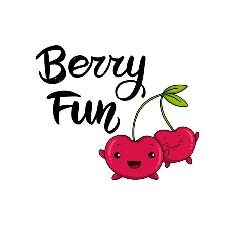 Kawaii cherry cartoon vector illustration, cute summer berry smiling for logo, poster, banner, logo, icon, textile print, kids t-shirt, invitation, organic food materials, healthy fruit nutritionのイラスト素材