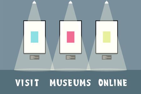 Museum interior with pictures or paintings, gallery for online exhibition ad, promo, printing. Vector flat illustration. Concept of blank hall without visitors, modern photo frame, art roomのイラスト素材