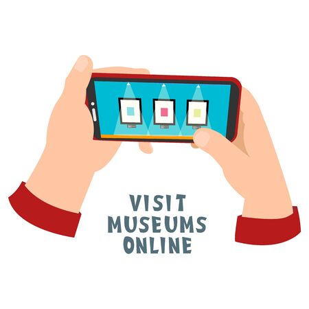 Online museum concept as human hands holding smartphone and visiting interactive museum exposition in app on device, art gallery guide digital exhibition, multimedia service for staying at homeのイラスト素材