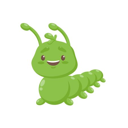 Caterpillar flat icon, green insect, clip art, cute smiling bug, cartoon animal character for nursery design, icon, wild nature poster, garden banner. Color vector illustration isolatedのイラスト素材
