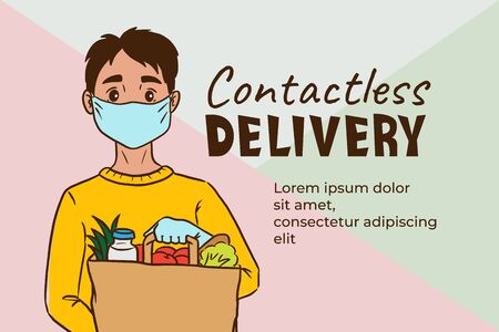 Safe contactless food delivery service concept, boy courier in mask holding paper package with grocery to door after online order, meal delivery in case of epidemic situation to safe those stay homeのイラスト素材