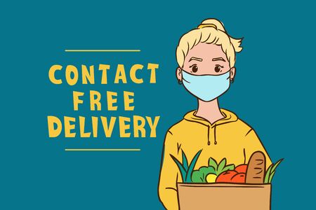 Safe contactless food delivery service concept, girl courier in mask holding paper package with grocery to door after online order, meal delivery in case of epidemic situation to safe those stay homeのイラスト素材