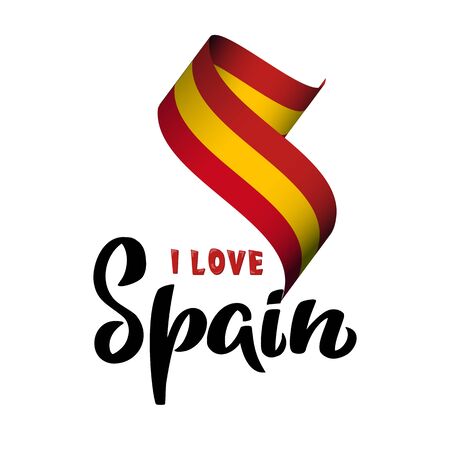 Spain lettering and 3d flag in national colorsfor spanish holiday poster, hispanic patriotic concept, landmark brochure, logo, illustration. Waving silk flag with calligraphy isolated on whiteのイラスト素材