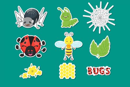 Bug or insect set. Spider, caterpillar or worm, ladybird, bee or wasp, leaves, flowers, honeycomb, dotted letters. Cute vector mascot character for logo, icon, sticker, nursery design, holiday partyのイラスト素材