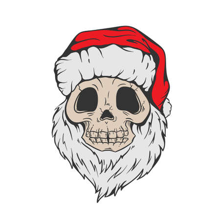 Santa Skull in Christmas hat with hipster beard Line art Tattoo. Santa Claus skeleton for Gothic alternative holiday party, gift for him, shirt for men fashion print, hand drawing. Vector, isolatedのイラスト素材