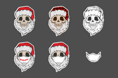 Santa Skull in Christmas hat with hipster beard Line art Tattoo. Sticker set. Santa Claus skeleton for Gothic alternative holiday party, gift for him, shirt for men fashion print, hand drawing. Vectorのイラスト素材