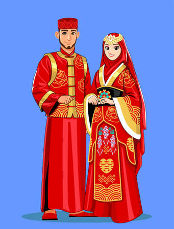 Red Chinese Muslim Wedding Coupleのイラスト素材