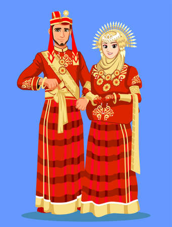 Red Bugis Makassar Muslim Wedding Coupleのイラスト素材