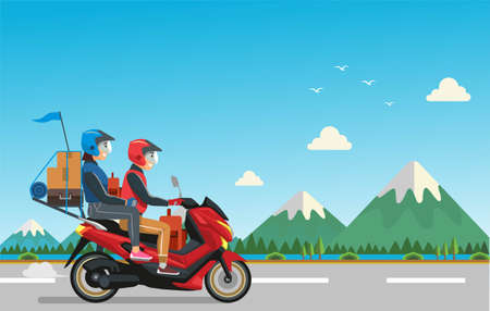 The couple riding a motorbike traveled to their hometown version two.のイラスト素材