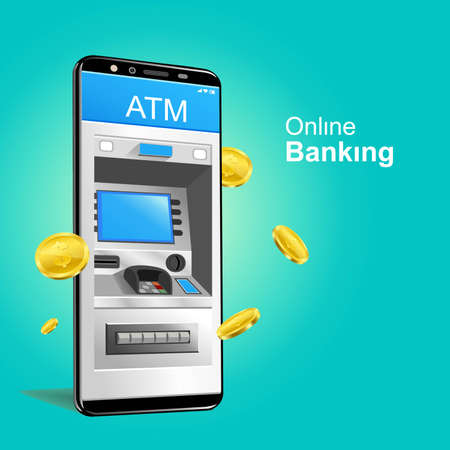 automatic teller machine Online banking smartphone vector with gold coinsのイラスト素材