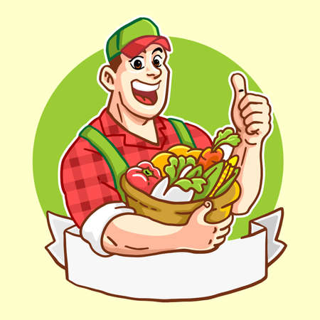 happy handsome farmer with a basket bull of vegetablesのイラスト素材