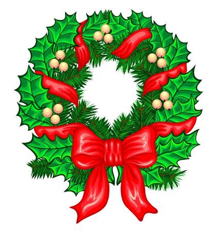 Christmas Wreath with ribbons, balls and bow isolated on white backgroundのイラスト素材
