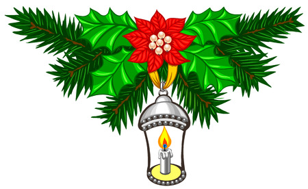 Christmas decoration with fir branches and candle. Merry Christmas and Happy New Year vector illustration illuminated by candle lightのイラスト素材