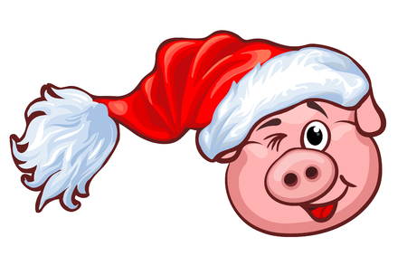 Little Pig with Christmas Santas Red Cap. Happy New Year.のイラスト素材