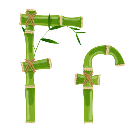 Bamboo letter F with young shoots with leaves, eco vector fontのイラスト素材