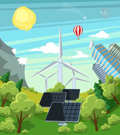 Alternative energy vector illustration. Landscape with solar and wind power stations on the background of mountains, forests and the modern city.のイラスト素材