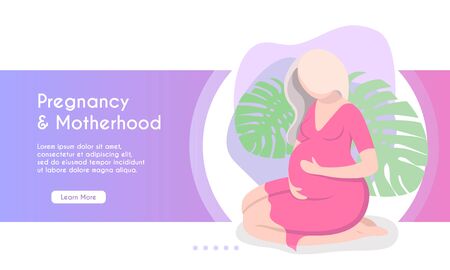 Vector banner illustration of pregnant woman gently hugs her belly. Cartoon vector illustration. Female character.のイラスト素材