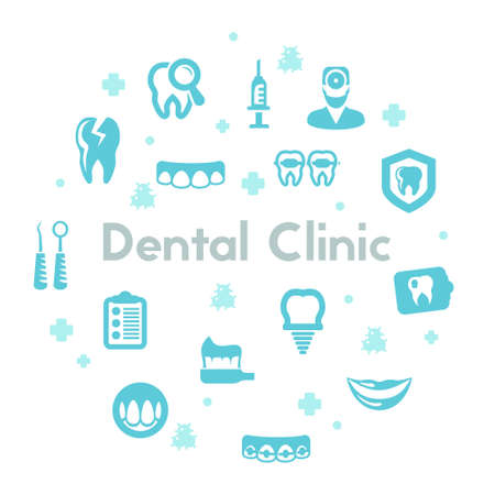 Dental clinic icons set on white background. Agriculture Tools and Organic Food vector pictograms.のイラスト素材