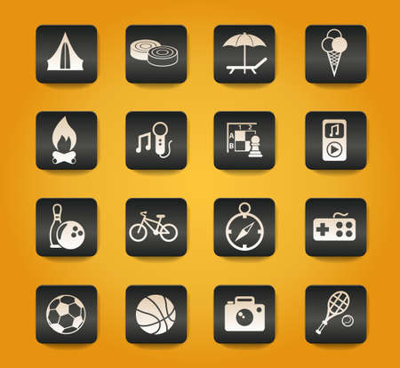 leisure symbols on black buttons on yellow backgroundのイラスト素材