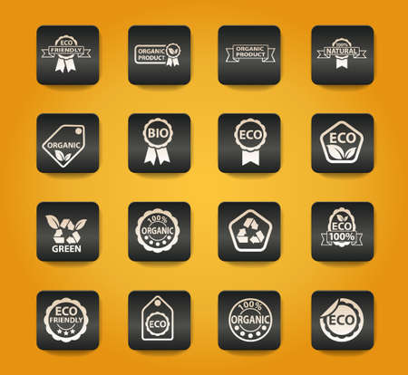 eco label symbols on black buttons on yellow backgroundのイラスト素材
