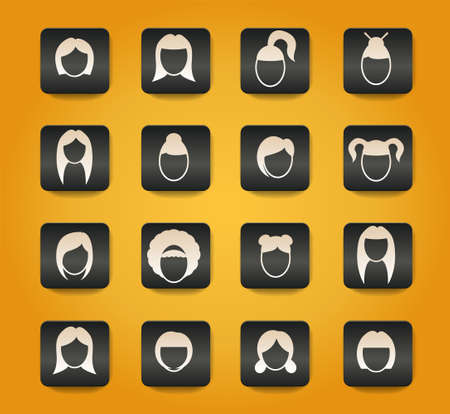 hair silhouettes, woman hairstyle symbols on black buttons on yellow backgroundのイラスト素材