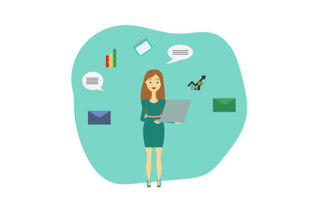 Young Woman in Green Standing with Laptop in Hands. Mail, Email, Envelopes, Graphs, Charts, Calendar Icons. Office Worker for Business Infographics. Vector Illustration in Cartoonのイラスト素材