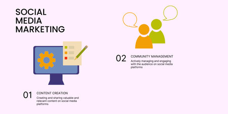 Social Media Marketing Banner on Light Background. Stylish SMM Banner with Black Text and Colored Icons for Business and Marketingのイラスト素材