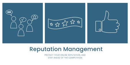 Reputation Management Banner on White and Blue Background. Stylish Banner with Text and Icons for Business and Marketingのイラスト素材
