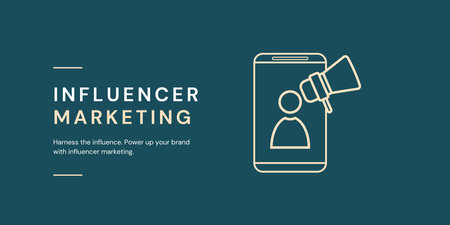 Influencer Marketing Banner on Blue Background. Stylish Marketing Banner with White and Yellow Text and Icons for Business and Marketingのイラスト素材