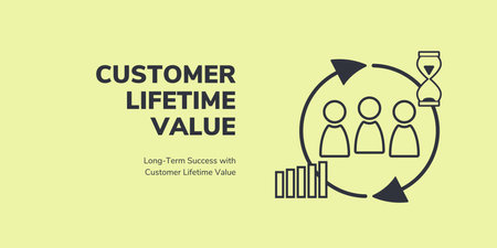 Customer Lifetime Value Banner on Yellow Background. Stylish Banner with Black Text and Icons for Business and Marketingのイラスト素材