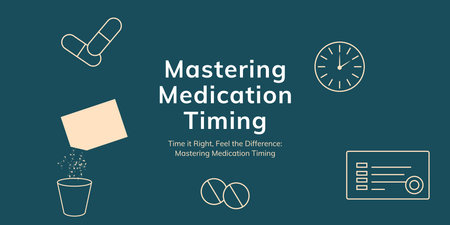 Mastering Medication Timing Banner on Blue Background. Stylish Banner with Text and Icons for...