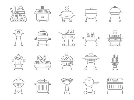 Barbecue Icons Set. Barbeque Grill, Picnic, BBQ. Editable Stroke. Simple Icons Vector Collectionのイラスト素材