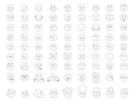 Emoji Reactions Icons Set. Emoticons, Facial Expressions. Editable Stroke. Simple Icons Vector Collectionのイラスト素材