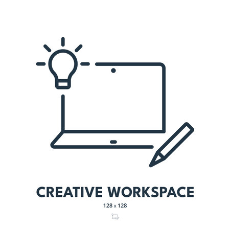Creative Workspace Icon. Workplace, Laptop, Contemporary. Editable Stroke. Simple Vector Iconのイラスト素材